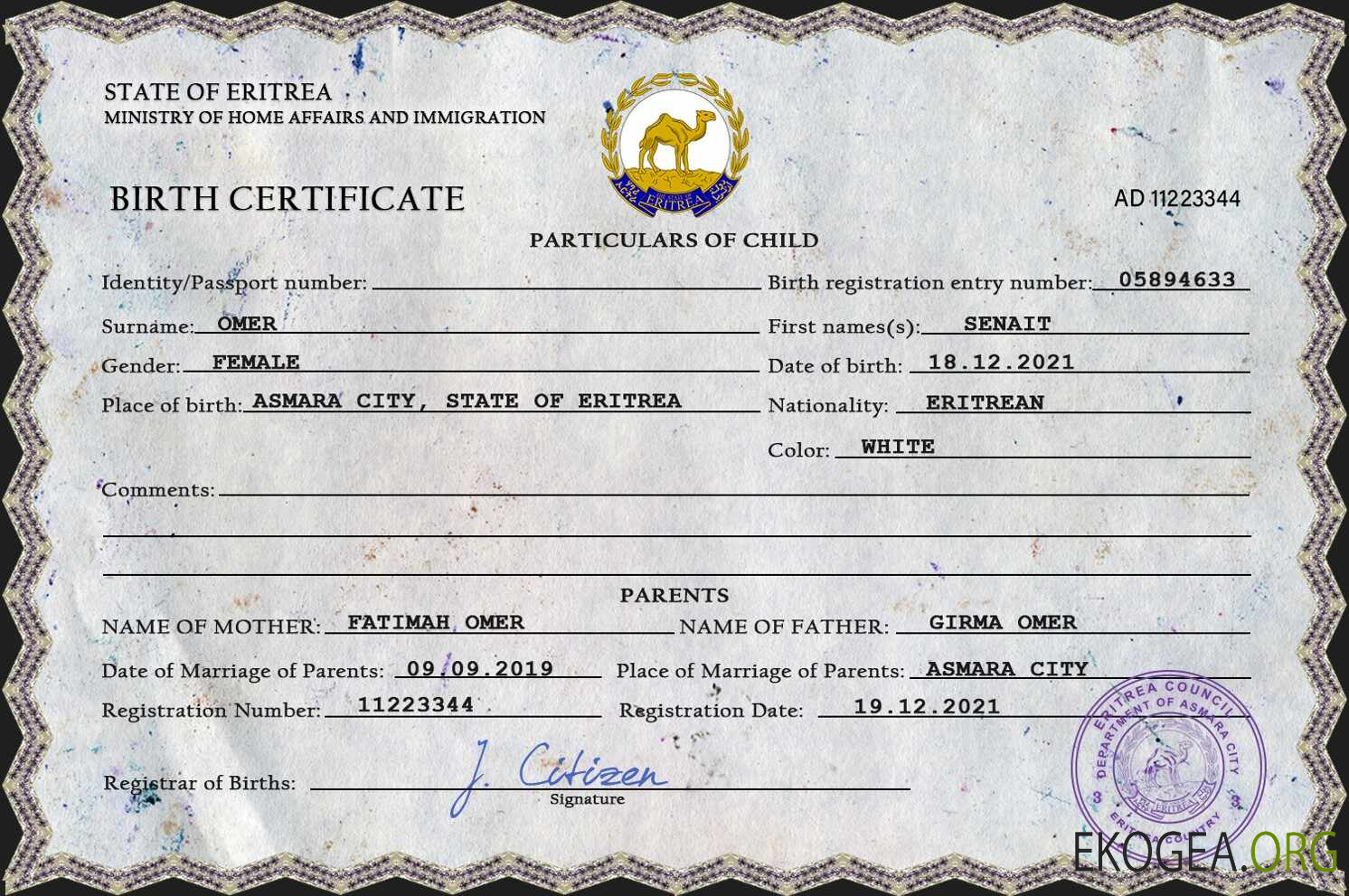 Modèle PSD de certificat de naissance de l'état civil de l'Érythrée